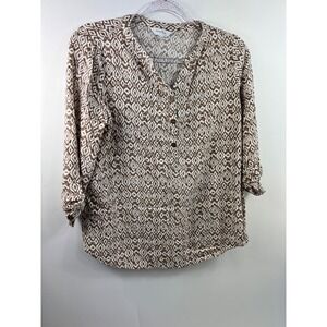 Coral Bay Top Women's Size M Brown & White Print 3/4 Sleeve With Roll Tab